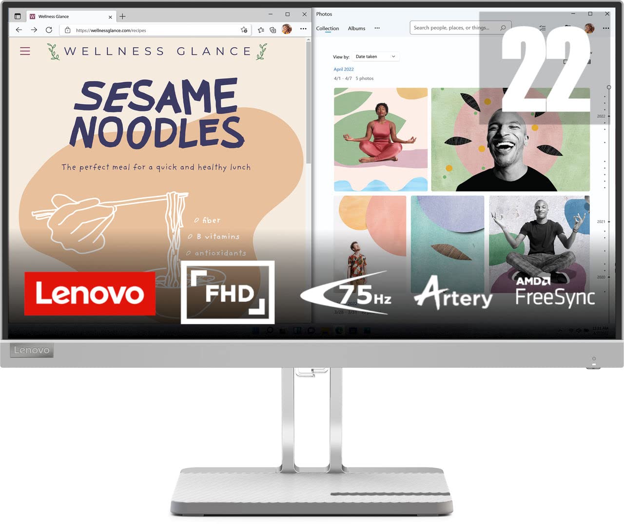 Lenovo L22e-40 | 21,45" Full HD Monitor | 1920x1080 | 75Hz | 250 nits | 4ms Reaktionszeit | HDMI | VGA | AMD FreeSync | grau