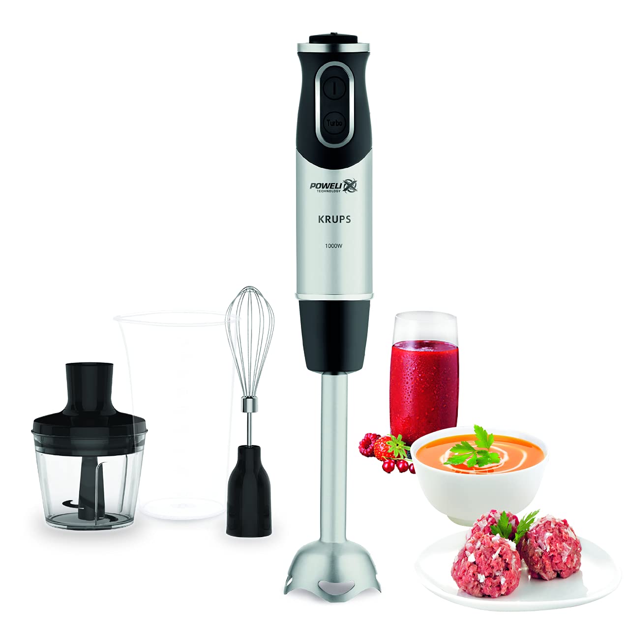 Krups Perfect Mix Stabmixer HZ6568 | Blender | 1000 Watt | Edelstahlfuß | 4 extra scharfe Messer | Powelix Technologie | Schneebesen | 500 ml Zerkleinerer | 800 ml Messbecher | Schwarz/Silber