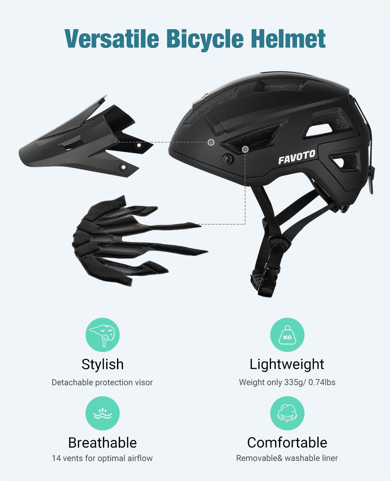 Favoto Mountainbike Fahrradhelm mit Schirm Leicht - Doppelte Inmould Technologie MTB Helm für Damen Herren Rennradhelm Schwarz Matt L(57-61cm) Verstellabr