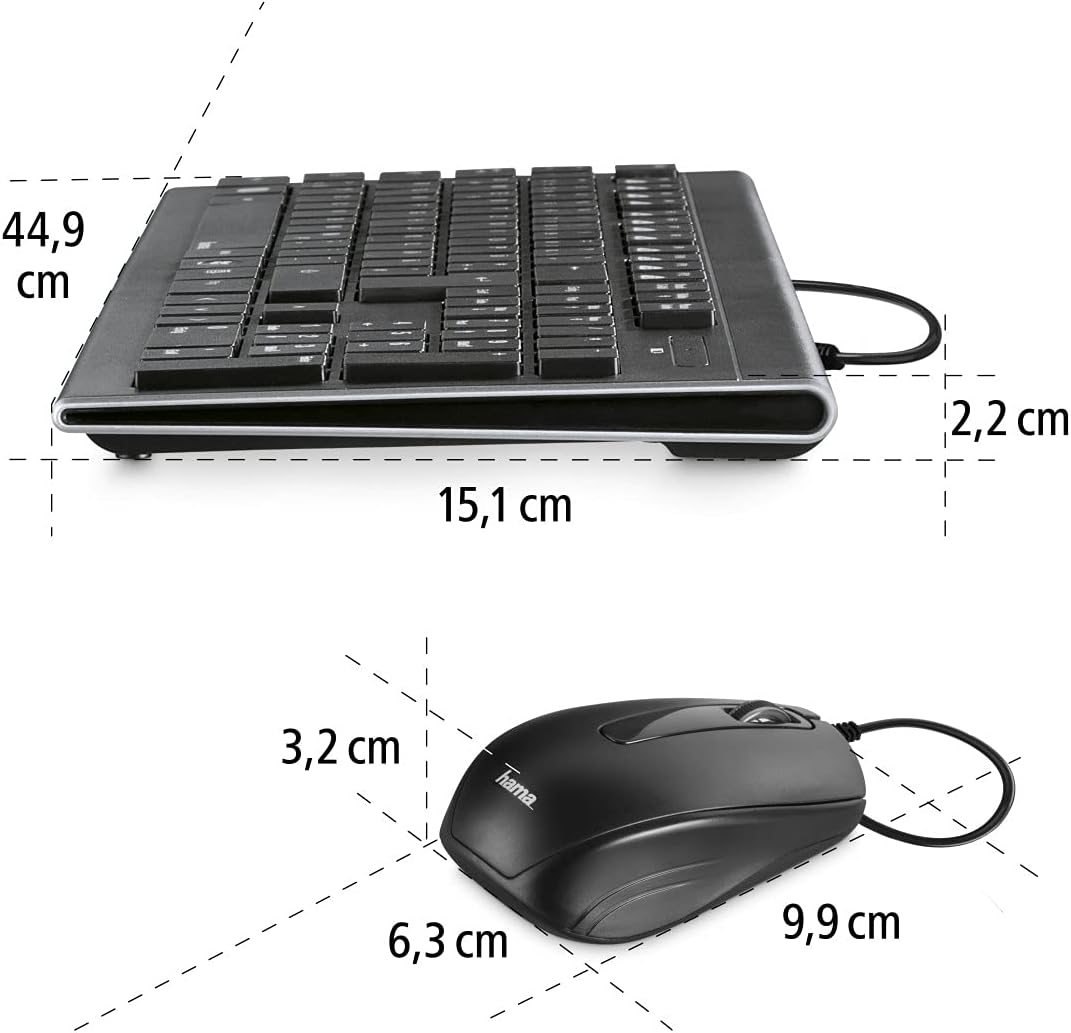 Hama Computertastatur Maus Set (kabelgebunden, ergonomisch, deutsches Tastenlayout QWERTZ, leise Tasten, flaches Design, 12 Media-Tasten, optische Maus, 1000 dpi, USB-Anschluss, PC, Laptop) schwarz