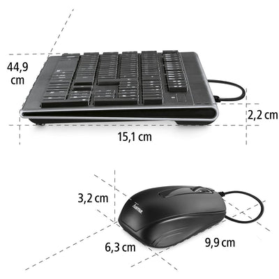 Hama Computertastatur Maus Set (kabelgebunden, ergonomisch, deutsches Tastenlayout QWERTZ, leise Tasten, flaches Design, 12 Media-Tasten, optische Maus, 1000 dpi, USB-Anschluss, PC, Laptop) schwarz