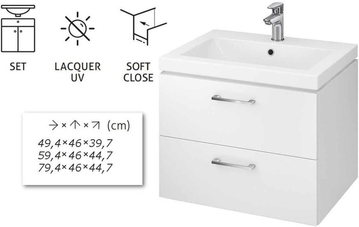 VBChome Waschtischunterschrank 60 cm Waschbecken mit Unterschrank 2 Schubladen Weiß Badmöbel weiß Hochglanz Badezimmermöbel hängend