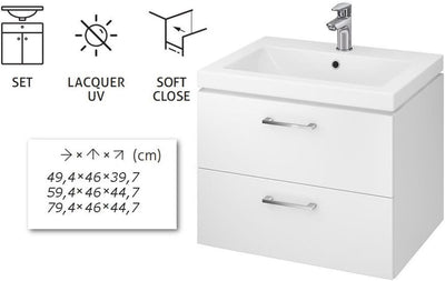 VBChome Waschtischunterschrank 60 cm Waschbecken mit Unterschrank 2 Schubladen Weiß Badmöbel weiß Hochglanz Badezimmermöbel hängend