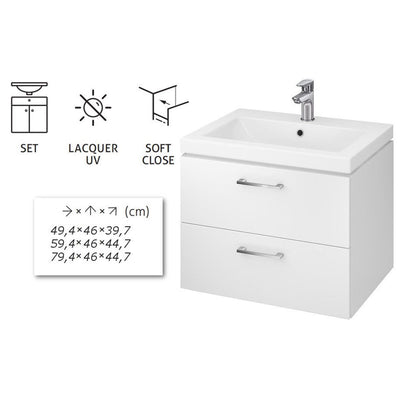 VBChome Waschtischunterschrank 60 cm Waschbecken mit Unterschrank 2 Schubladen Weiß Badmöbel weiß Hochglanz Badezimmermöbel hängend