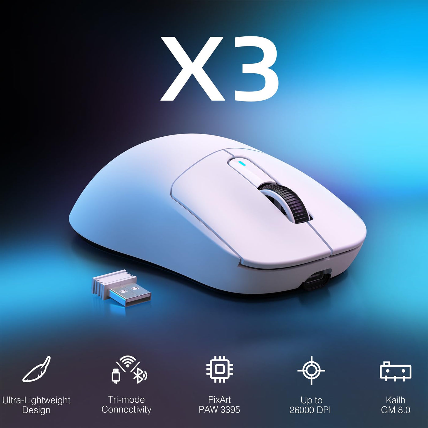 VGN GAMEPOWER x Attack Shark X3 Superlight Kabellose Gaming-Maus, 49g Ultraleicht Mouse, 26000DPI, PixArt PAW3395, 2.4G/BT/Kabelgebunden, PTFE Feet, Bis zu 200 Std. Akku, G502, PC/Xbox/PS/Mac, Weiß