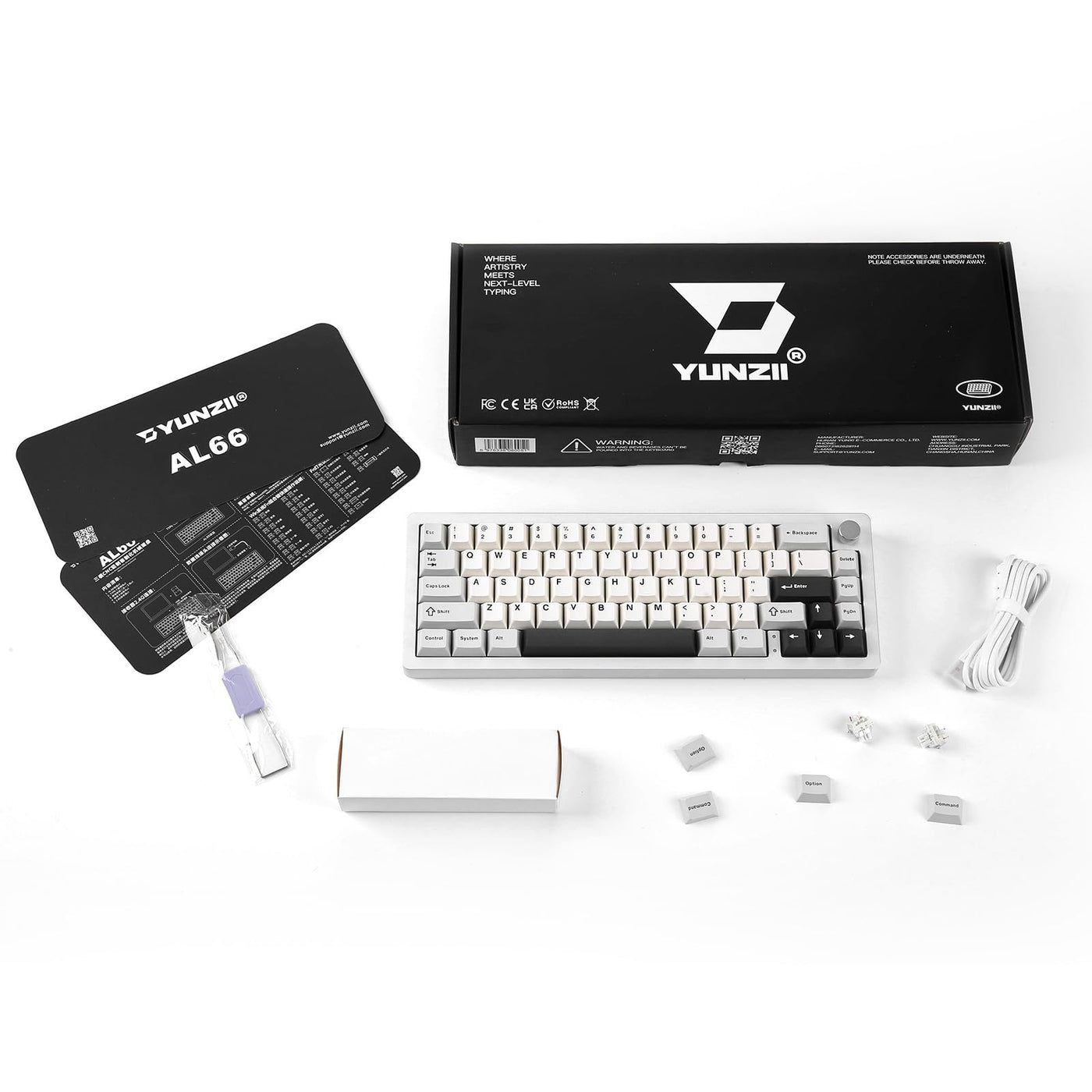 YUNZII AL66 Kabellose mechanische Tastatur, 65% Drehregler Aluminium Gaming Tastatur Bluetooth/2.4G/Wired Hot Swappable Switches, Dichtung montiert RGB Tastatur für Win/Mac(Milchschalter, Silber)