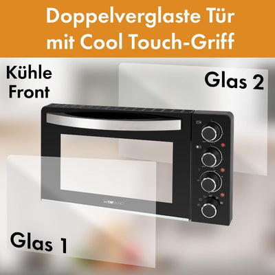 Clatronic® Mini-Backofen mit Kochplatten und Drehspieß | gleichzeitig kochen u. backen | Minibackofen 28L Umluft Ober-/Unterhitze 100°-230°C | Elektrischer Mini Ofen 3100 Watt inkl. Zubehör | KK 3786