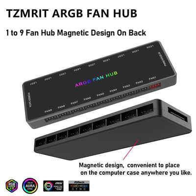 ARGB PWM Fan Hub, Addressable 5V 3Pin ARGB & 12V 4Pin PWM 2-in-1 RGB Case Fan Hub with Hidden Magnetic Base and SATA Power 18 Port, Support 9 Computer CPU Fans Splitter