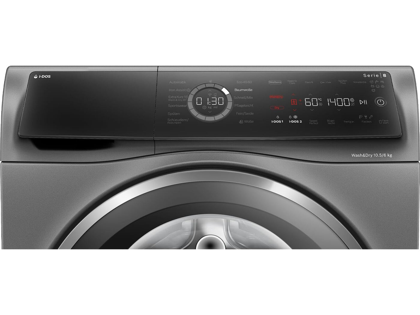 Bosch WNC254AS0, Serie 8, Smarter Waschtrockner, 10.5 kg Waschen & 6 kg Trocknen, 1400 UpM, i-Dos intelligente Waschmittel-Dosierung, entfernt 16 Fleckenarten, IronAssist mit Dampffunktion, AutoDry