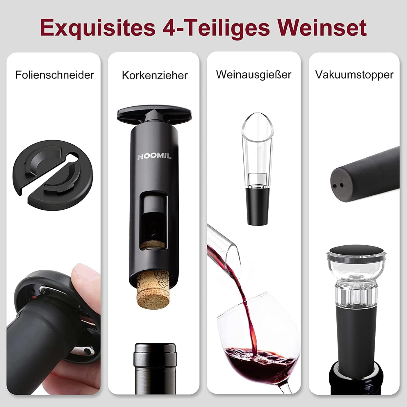 Weinflaschenöffner Set, HOOMIL 4-in-1 Weinöffner Set Profi Korkenzieher für Wein mit Folienschneider, Vakuum Weinverschluss und Weinausgießer, Schwarz