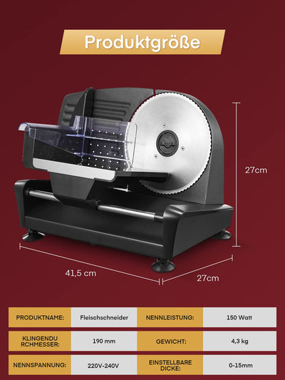 Allesschneider Elektrischer 200 Watt für den Heimgebrauch, Profi-Brotschneidemaschine mit Abnehmbarer 2 x 19 cm Klinge, 0–15 präziser Dickenknopf Schnitt Fleisch Schinken Brot Obst, Sicherheitsschutz