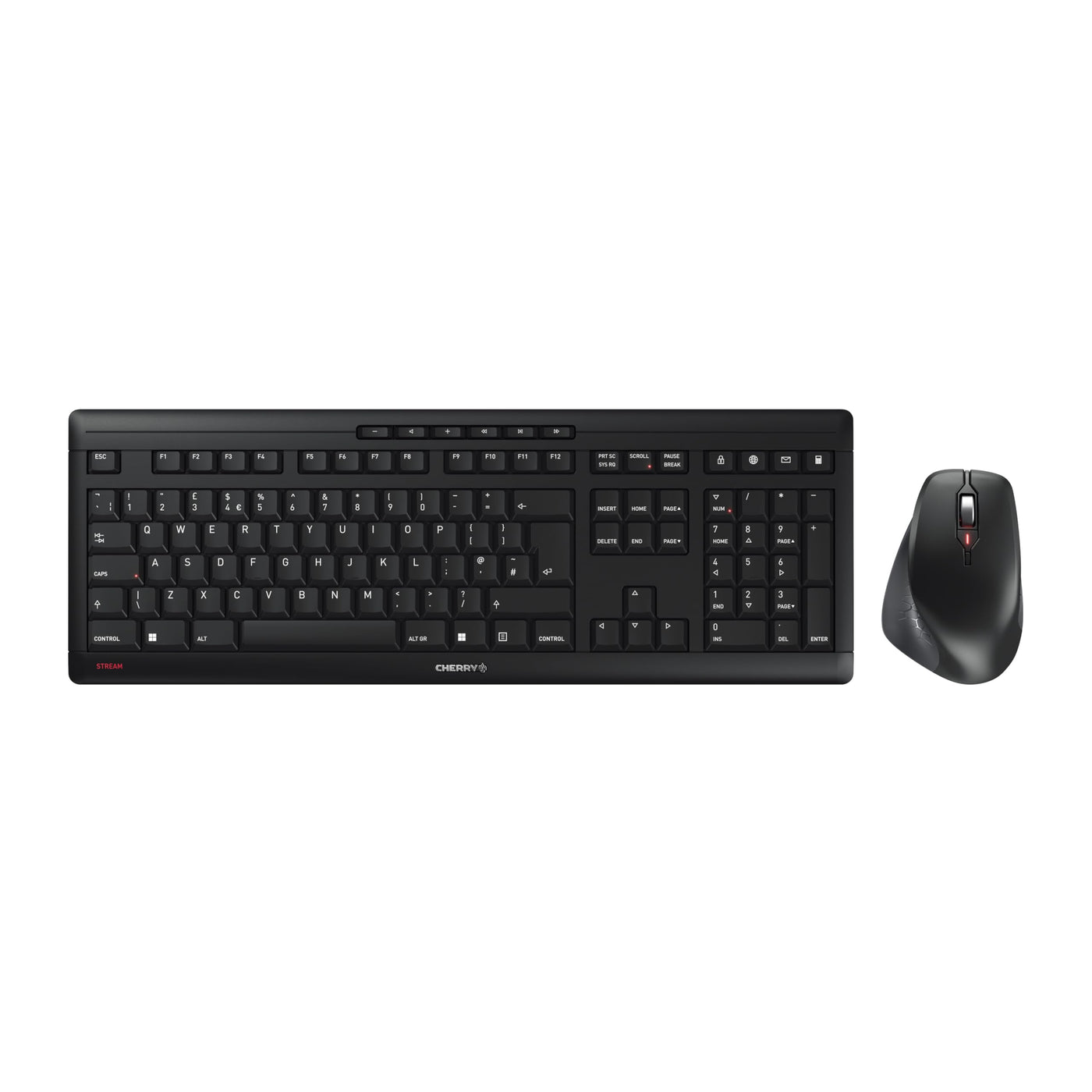 CHERRY STREAM DESKTOP COMFORT, Kabelloses Tastatur-Maus-Set, UK-Layout (QWERTY), 2,4 GHz Funk, Flüsterleise Tasten, Ergonomische Rechtshändermaus, Schwarz