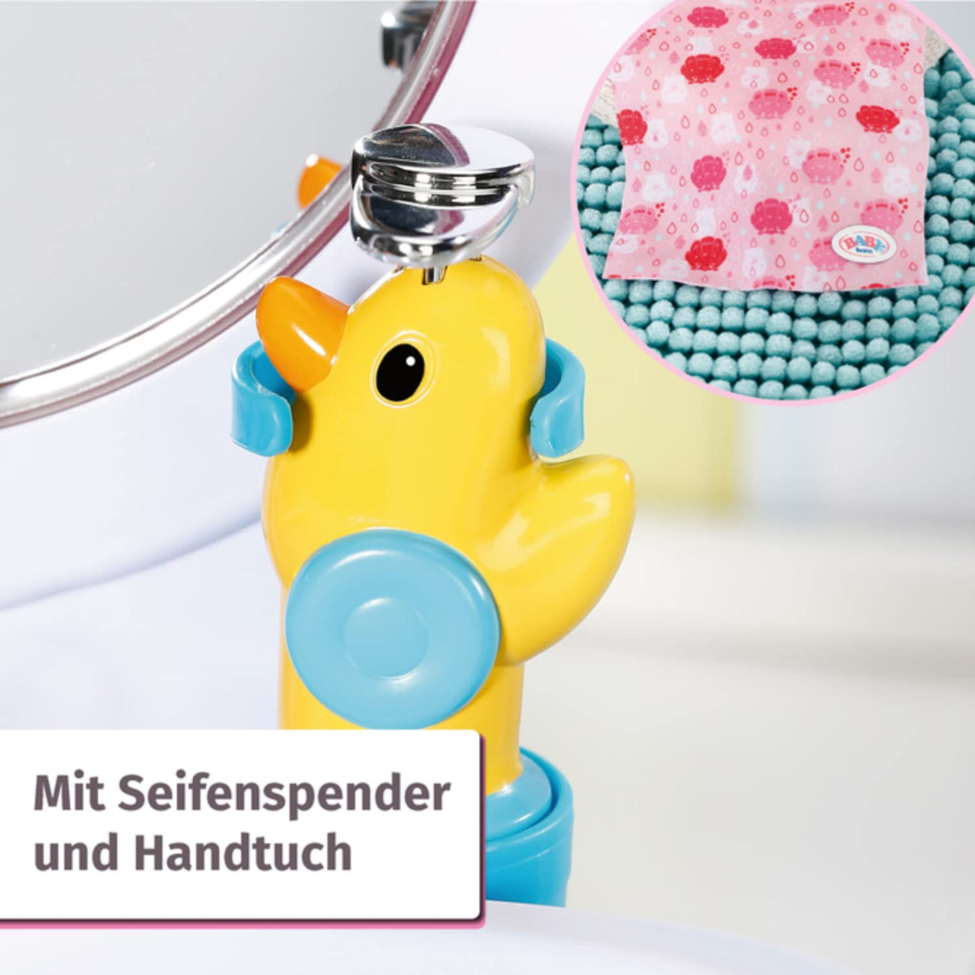 BABY born Bath Waschtisch, interaktiver Puppenwaschtisch mit Licht- und Soundfunktion, Zahnbürste, Zahnputzbecher, Seifenspender und Handtuch, 832707 Zapf Creation