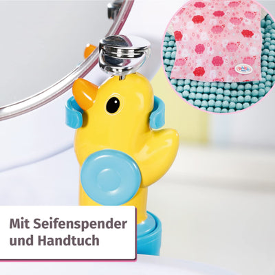 BABY born Bath Waschtisch, interaktiver Puppenwaschtisch mit Licht- und Soundfunktion, Zahnbürste, Zahnputzbecher, Seifenspender und Handtuch, 832707 Zapf Creation