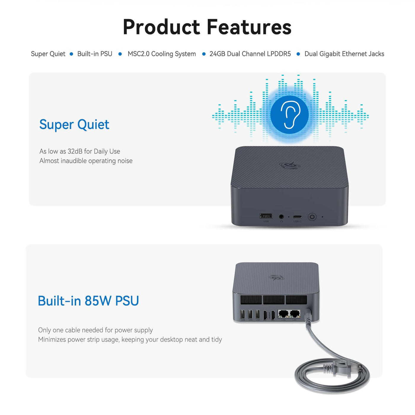 Beelink EQi12 Mini PC, Intel Core i3 1220P (10C/12T, bis zu 4,4GHz), 24GB LPDDR5 RAM 500GB M.2 SSD, Desktop Computer Support 4K Dual Display/WiFi 6/BT5.2/Dual Gigabit LAN für Zuhause/Unternehmen