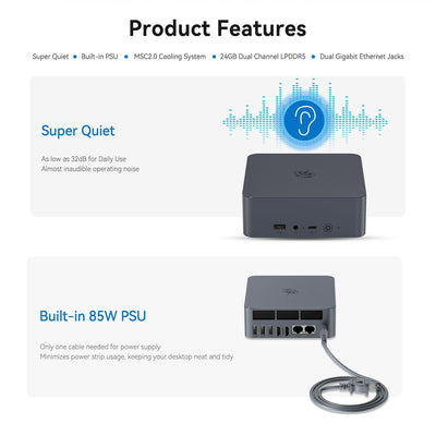 Beelink EQi12 Mini PC, Intel Core i3 1220P (10C/12T, bis zu 4,4GHz), 24GB LPDDR5 RAM 500GB M.2 SSD, Desktop Computer Support 4K Dual Display/WiFi 6/BT5.2/Dual Gigabit LAN für Zuhause/Unternehmen