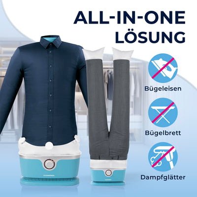 CLEANmaxx automatischer Hemdenbügler inklusive Hosenaufsatz | Bügler für Hemden, Blusen & Hosen, schonender als Wäschetrockner und Bügeleisen | Trocknen und in Minuten knitterfrei [hellblau]