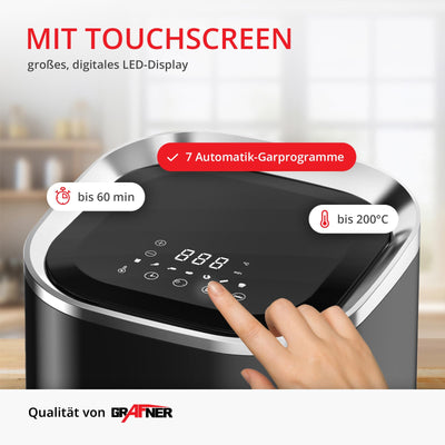 Grafner XL Digitale Heißluftfritteuse, 3,6 Liter, 1200 Watt, LED-Touchscreen, 7 Programme, 360° Gar-System, Timer, Antihaft-Beschichtung, Fritteuse ohne Fett, Airfryer ölfrei Heissluftfritteuse