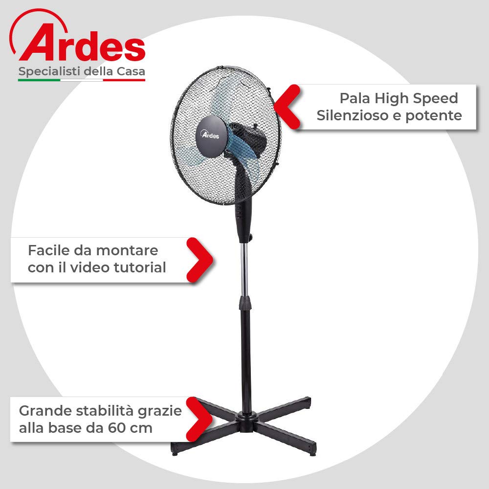 ARDES - Standventilator, leistungsstark, leise, 3 Flügel, 40 cm, oszillierend, mit verstellbarer Höhe und Neigung, Ardes-Standventilator, 3 Geschwindigkeitsstufen, Modell Penny AR5AM40P