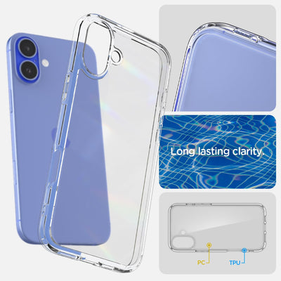 Spigen für iPhone 16 Plus Hülle [Anti-Yellowing] Ultra Hybrid Case Handyhülle Schutzhülle Cover Transparent Durchsichtig Dünn Slim -Crystal Clear