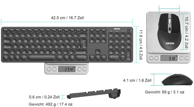 Arteck 2.4G Kabellose Tastatur und Maus kombination Ultra dünne Full Size Tastatur Tastatur und ergonomische Maus für Desktop-PC und Laptop mit Windows 11/10/8/7 Eingebauter Akku mit USB-C Ladestecker