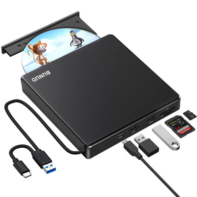 BUNUD Externe CD/DVD Laufwerk mit 2 USB & SD/TF Slots USB 3.0 & Type-C CD DVD Brenner, Optical DVD-Laufwerke Extern für Laptop PC Windows 11 10 Mac MacBook Pro/Air iMac