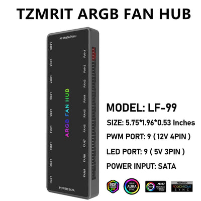 ARGB PWM Fan Hub, Addressable 5V 3Pin ARGB & 12V 4Pin PWM 2-in-1 RGB Case Fan Hub with Hidden Magnetic Base and SATA Power 18 Port, Support 9 Computer CPU Fans Splitter