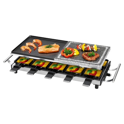 ProfiCook® Raclette 10 Personen mit heißem Naturgrillstein | Raclette antihaftbeschichtet | Raclette für 10 Personen | inkl. 10 Pfännchen & Holzspatel | Edelstahlgriff (wärmeisoliert) | PC-RG 1144