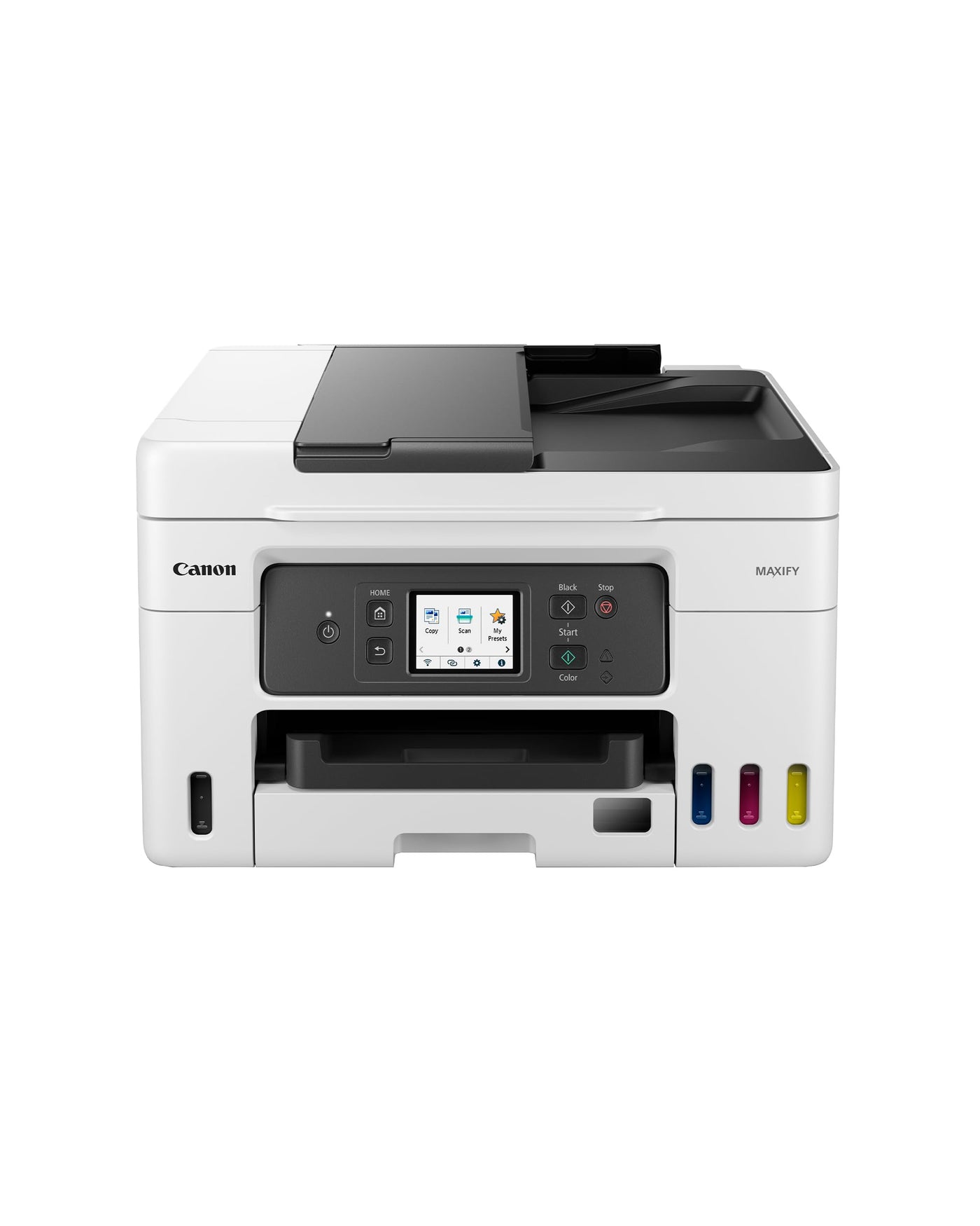 Canon MAXIFY GX4050 MegaTank Multifunktionsdrucker 4in1 (Tintenstrahl, Druck, Kopie, Scan, Fax, ADF 35 Blatt, WLAN, LAN, Touch LCD, Duplex, niedrige Seitenkosten, hohe Reichweite, gerader Einzug) weiß