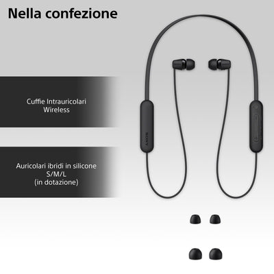 Sony kabellose WI-C100 In-Ear-Kopfhörer (bis zu 25 Stunden Akkulaufzeit, optimiert für Sprachassistenten, integriertes Mikrofon für Telefonate, Bluetooth), Schwarz, klein