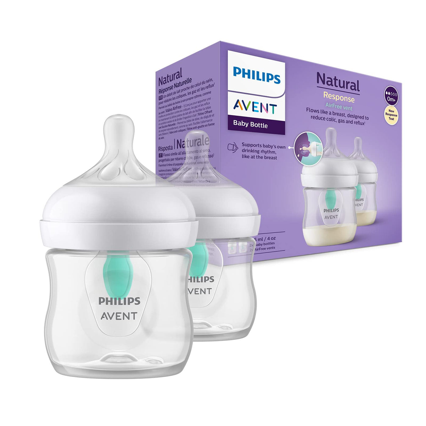 Philips Avent Babyflaschen Natural Response – 2x Babyflaschen mit AirFree Ventil, 125 ml, BPA-frei, für Neugeborene ab 0 Monaten (Modell SCY670/02)