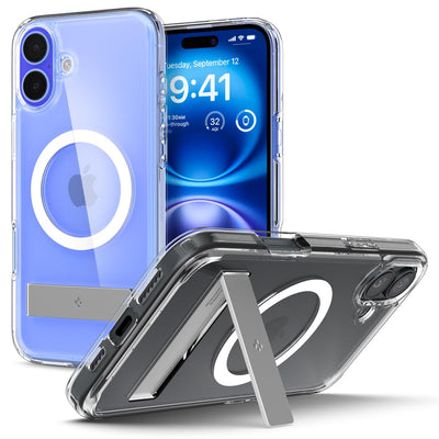 Spigen [All-in-One Ständer für iPhone 16 Plus Hülle Ultra Hybrid S MagFit für MagSafe [Verbesserte Magnestärke] Stoßfest Kratzfest Handyhülle Case -Crystal Clear