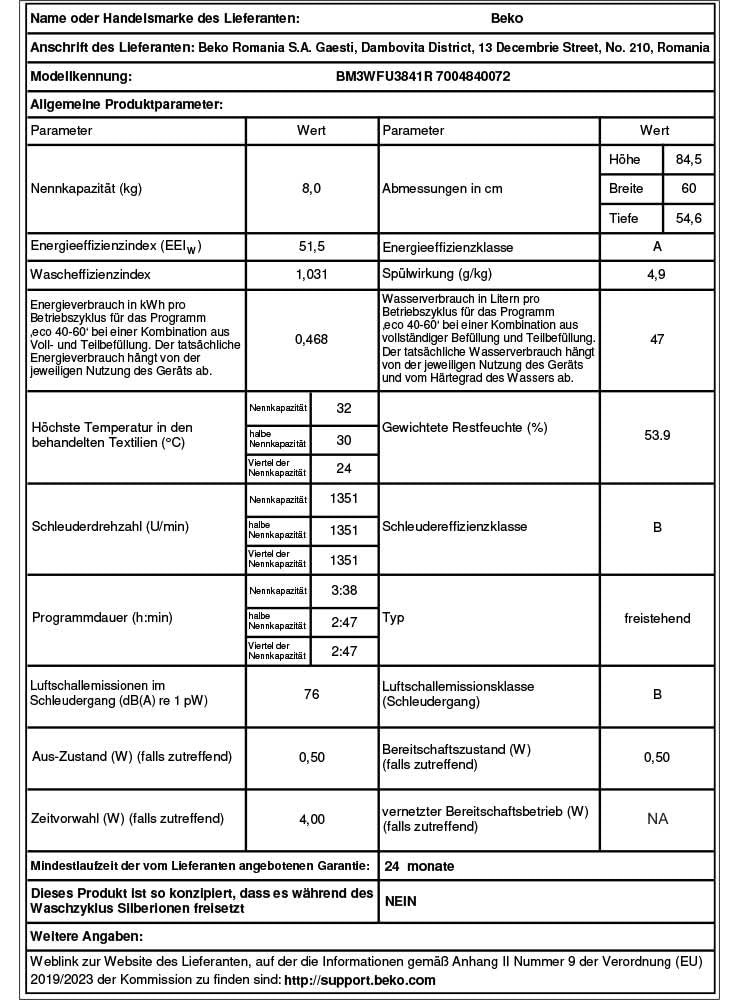 Beko BM3WFU3841R Waschvollautomat, Waschmaschine, 8 kg, EnergySpin, Schleuderwahl 1400 U/min, SteamCure Dampffunktion, allergikergeeignet, AquaWave Schontrommel, Weiß