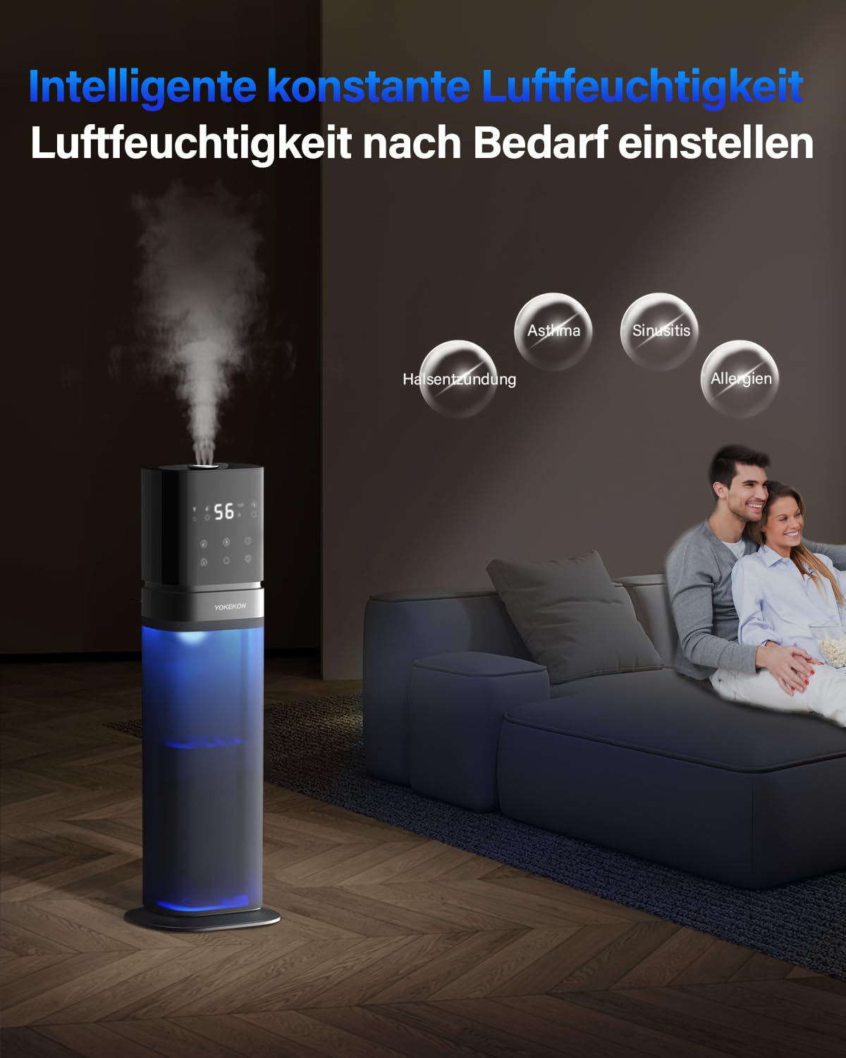 YOKEKON Luftbefeuchter 8L mit Oberbefüllung für Schlafzimmer - Timer, Sanlight, Schlafmodus, Humidifier, Aroma-Disk, 360° Drehbare Doppeldüse, ätherisches Öl