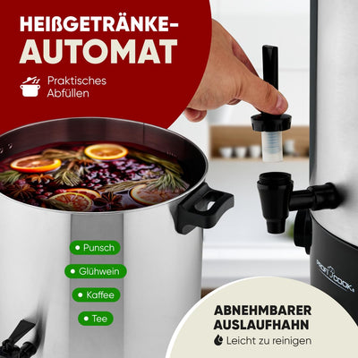 ProfiCook® 2in1 Heißgetränke- & Einkochautomat | 32L Tank | Warmhaltefunktion | Timer | 2100W | 30°C - 100°C | Einkochtopf Edelstahl | Heiß-Getränkespender mit Ablaufhahn | PC EKA 1283