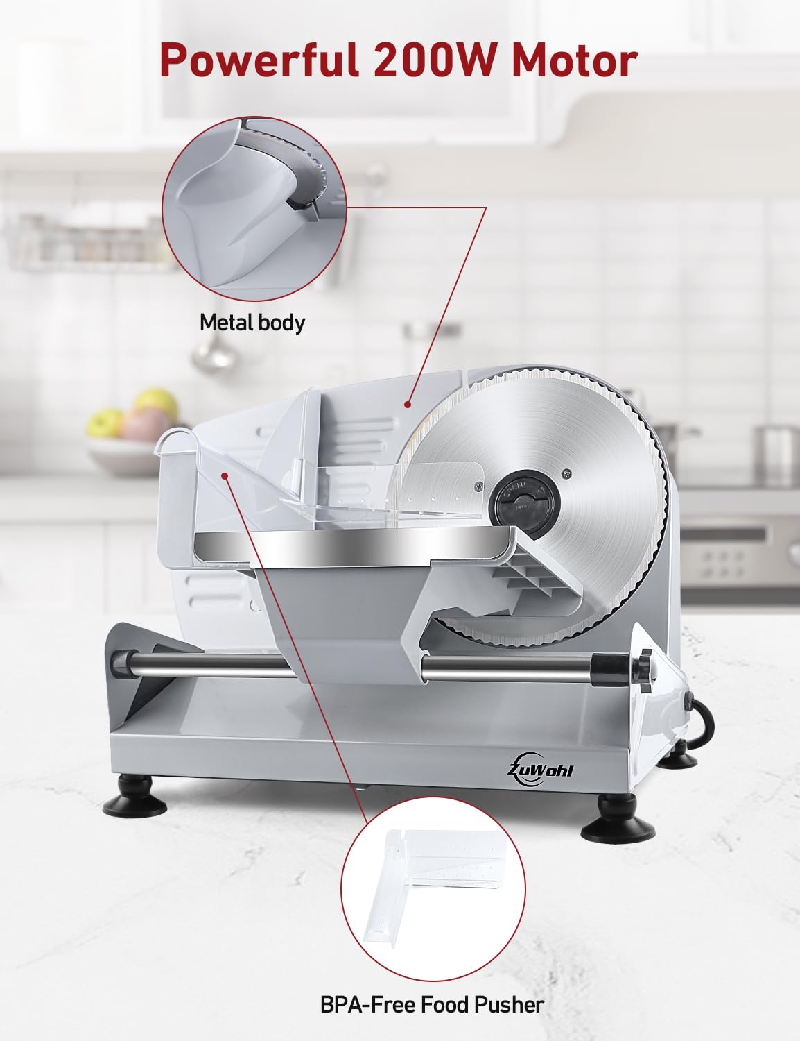 200Watt Elektrischer Allesschneider Edelstahl - Verstellbare Küchenmaschine 0 bis 15mm - 2 Klingen - Wurstschneidemaschine - Brotschneidemaschine, Schinkenschneider, Elektrisches Messer Fleisch & Käse