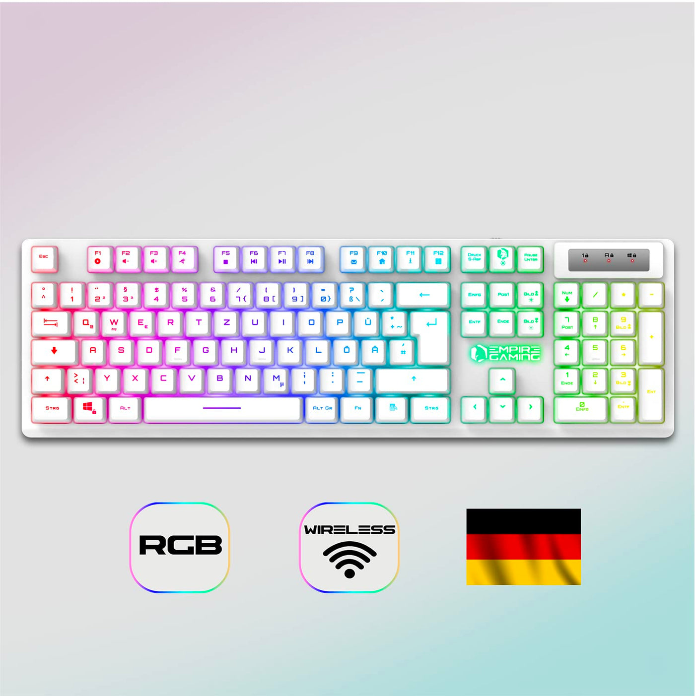 EMPIRE GAMING - Armor RF800 Wireless Wiederaufladbare Gaming Tastatur und Maus Set QWERTZ (DE-Layout) - Tastatur 2,4GHz RGB - Maus 4800 DPI mit Mauspad - PC PS4 PS5 Xbox One/Serie Mac - Weiß