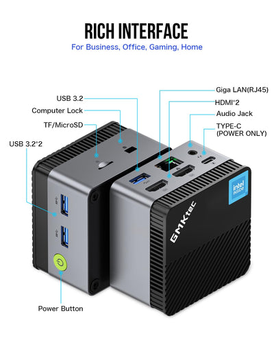 GMKtec Mini-PC N97 mit with Windows 11 Pro, G5 Micro-Desktop-Computer, Intel Alder Lake N97 der 12. Generation (bis zu 3,60 GHz), 12 GB DDR5, 256 GB großes Laufwerk für Unternehmen, Schule