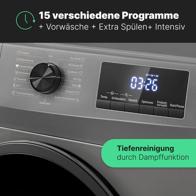 Bomann Waschmaschine 7kg | max. 1400 U/min | 10 Jahre Motor-Garantie | effizienter, leiser & langlebiger Invertermotor | 15 Programme | Endzeitvorwahl | Washing Machine WA 7175 titan - schwarz