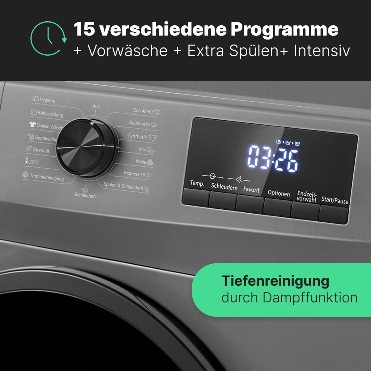 Bomann Waschmaschine 7kg | max. 1400 U/min | 10 Jahre Motor-Garantie | effizienter, leiser & langlebiger Invertermotor | 15 Programme | Endzeitvorwahl | Washing Machine WA 7175 titan - schwarz