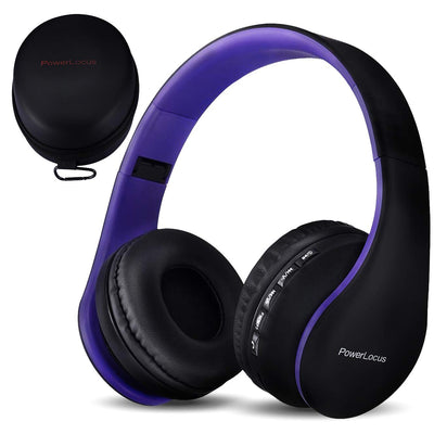 PowerLocus Bluetooth Kopfhörer Over Ear, Kabellose Kopfhörer, HiFi Stereo, Faltbare Kopfhörer mit Mikrofon, weiche Ohrpolster, Micro SD/TF, FM Radio für iPhone/Android/Tablet/Laptop (Schwarz/Lila)