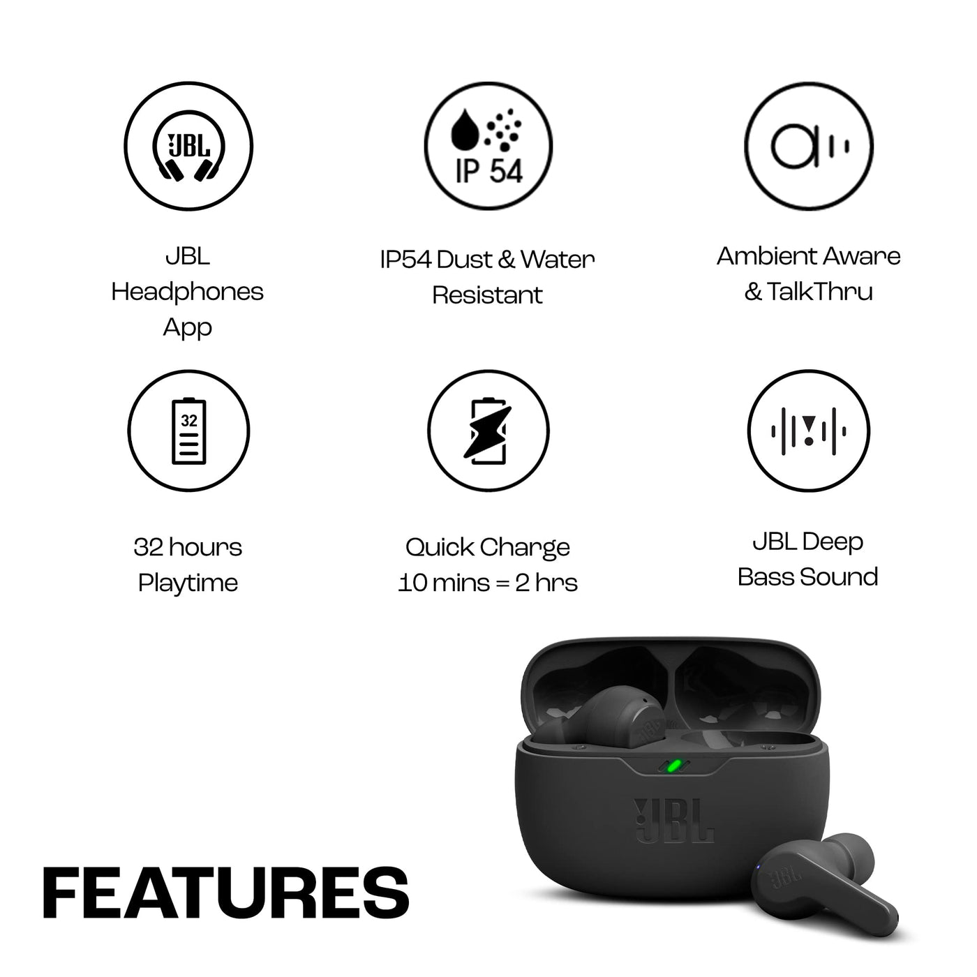JBL Wave Beam – Kabellose In-Ear Ohrhörer mit IP54 und IPX2 Wasserdichtigkeit – Freisprechfunktion und 32 Stunden Akkulaufzeit – In Schwarz