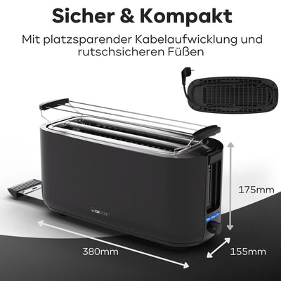 Clatronic Toaster 4 Scheiben | Toaster mit Brötchenaufsatz | Langschlitztoaster mit Auftau-/Aufwärm-/Schnellstoppfunktion | Toaster schwarz auch für Toastbrötchen & Fertigwaffeln | TA 3802 schwarz