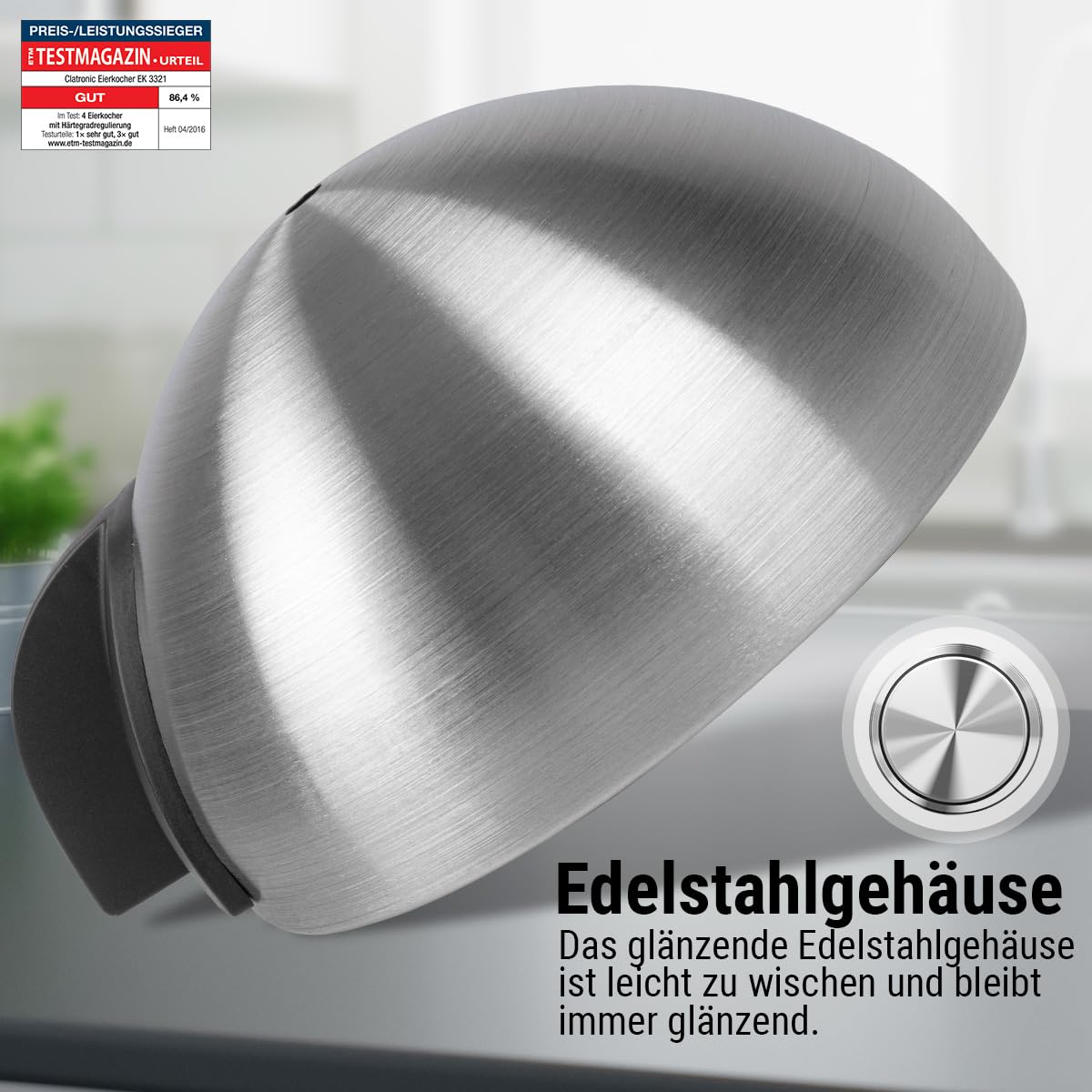 Clatronic® Elektrischer Eierkocher für bis zu 7 Eier | Eierkocher Edelstahl mit Härtegradeinstellung | beleuchteter Ein-/Aus-Schalter | 400 Watt | Edelstahl | EK 3321