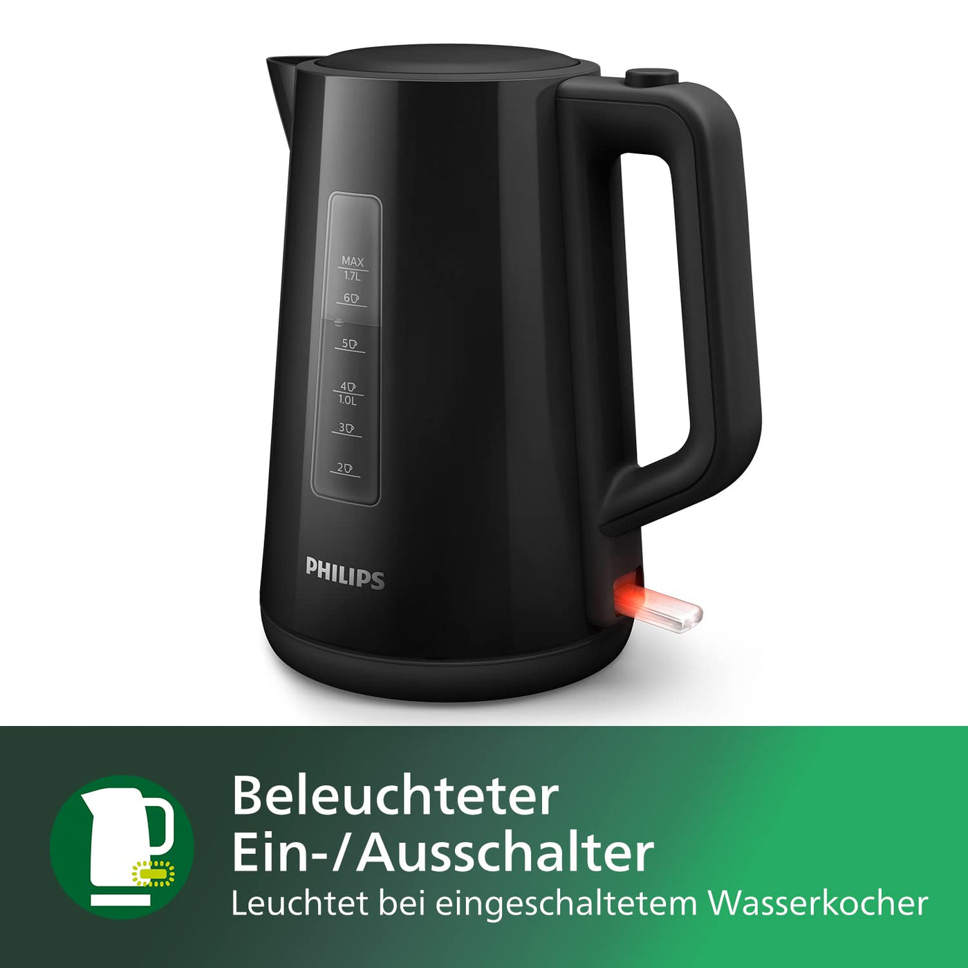 Philips Wasserkocher – 1.7 L Fassungsvermögen mit Kontrollanzeige, Pirouettenbasis, schwarz (HD9318/20)