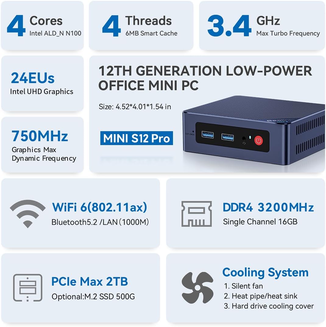 Beelink Mini S12 Pro Mini PC, Intel Alder Lake-N100 (4C/4T, bis 3.4GHz), 16GB DDR4 RAM 500GB M.2 2280 SSD, Mini Desktop Computer 4K 60Hz Dual HDMI, WiFi6, Bluetooth5.2, Gigabit Ethernet