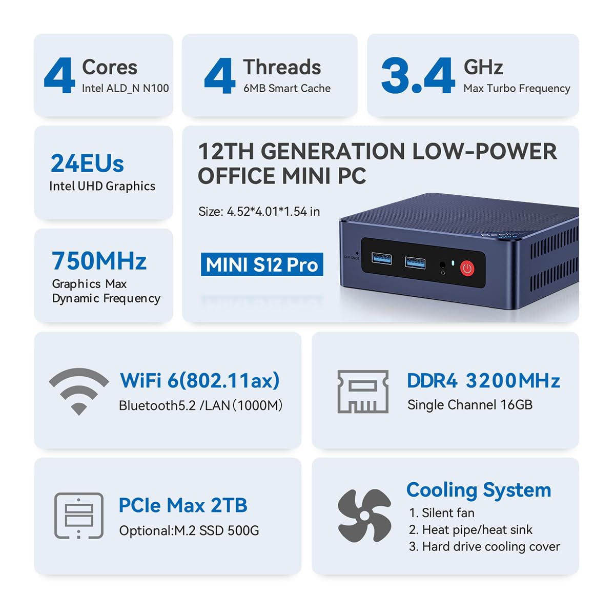 Beelink Mini S12 Pro Mini PC, Intel Alder Lake-N100 (4C/4T, bis 3.4GHz), 16GB DDR4 RAM 500GB M.2 2280 SSD, Mini Desktop Computer 4K 60Hz Dual HDMI, WiFi6, Bluetooth5.2, Gigabit Ethernet