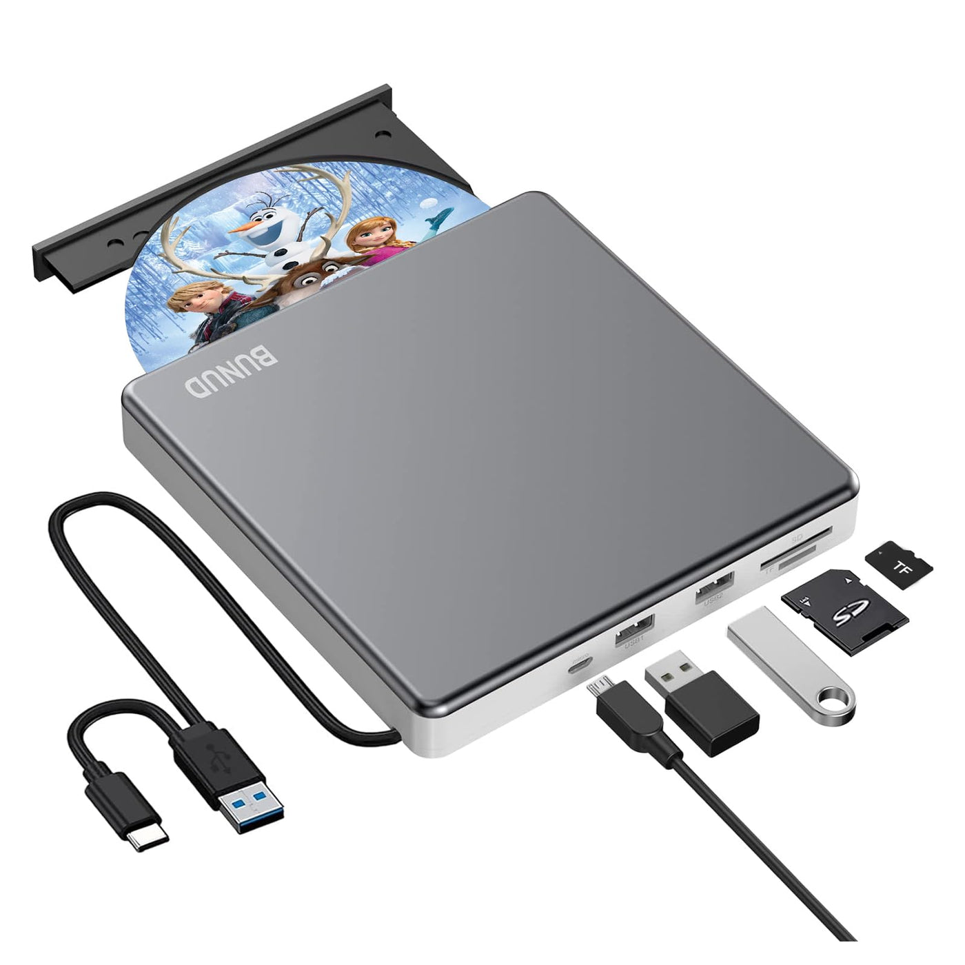 BUNUD Externes DVD Laufwerk, CD Laufwerk Extern USB mit 2 USB SD TF Ports, Externer CD/DVD Brenner und Player, Externes CD Laufwerk für Laptop Windows Mac PC MacBook