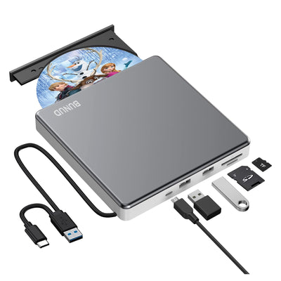 BUNUD Externes DVD Laufwerk, CD Laufwerk Extern USB mit 2 USB SD TF Ports, Externer CD/DVD Brenner und Player, Externes CD Laufwerk für Laptop Windows Mac PC MacBook