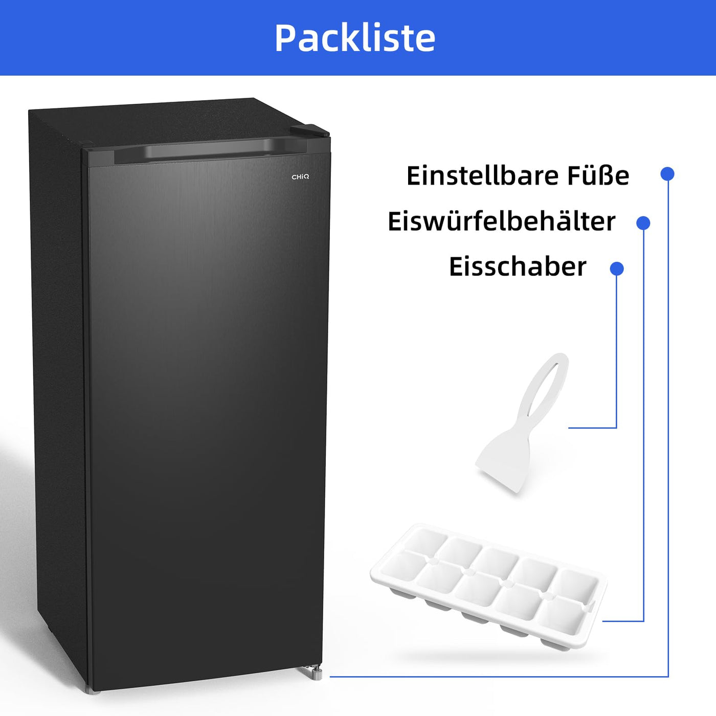 CHiQ Gefrierschrank FSD160D4E | Wechselbarer Türanschlag | Sehr Leise 41 DB (145L Manuelle Abtauung)| 12 Jahre Garantie auf den Kompressor*| 126 x 54 x 55 cm (HxBxT)